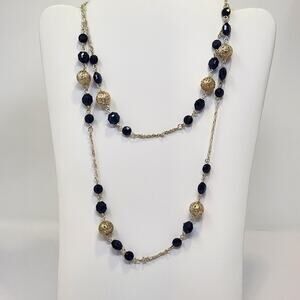Filigree Ball Navy Blue Rhinestone Long Gold Tone Chain Necklace Layer Jewelry